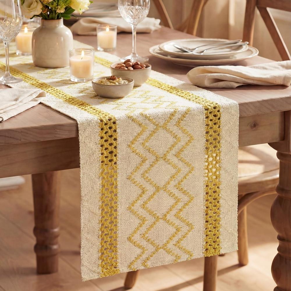 image:imageArtoid Mode Burlap Brown Stripe Diamond Pattern Woven Table Runner Seasonal Holiday Hollow Kitchen Dining Table Decoration for Home Party Decor 12x72 InchYellow