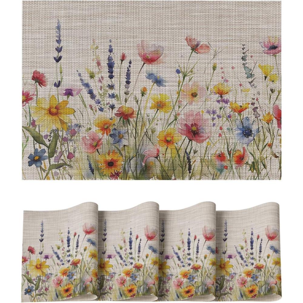 image:imageArtoid Mode Daisy Lavendar Wild Flower Spring Placemats Set of 4 12x18 Inch Seasonal Holiday Table Mats for Party Kitchen Dining DecorationBeige