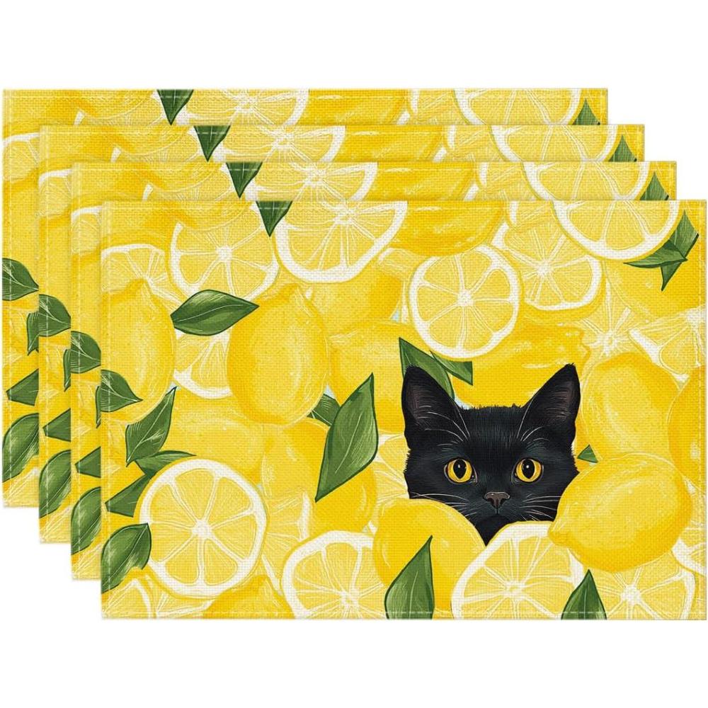 image:imageArtoid Mode Lemon Cat Summer Placemats Set of 4 12x18 Inch Seasonal Spring Holiday Table Mats for Party Kitchen Dining DecorationYellow