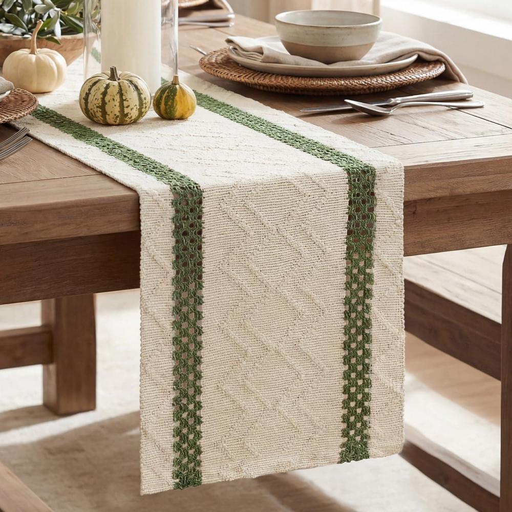 image:imageArtoid Mode Red Stripe Woven Table Runner Seasonal Holiday Hollow Kitchen Dining Table Decoration for Home Party Decor 12x72 InchArmy Green