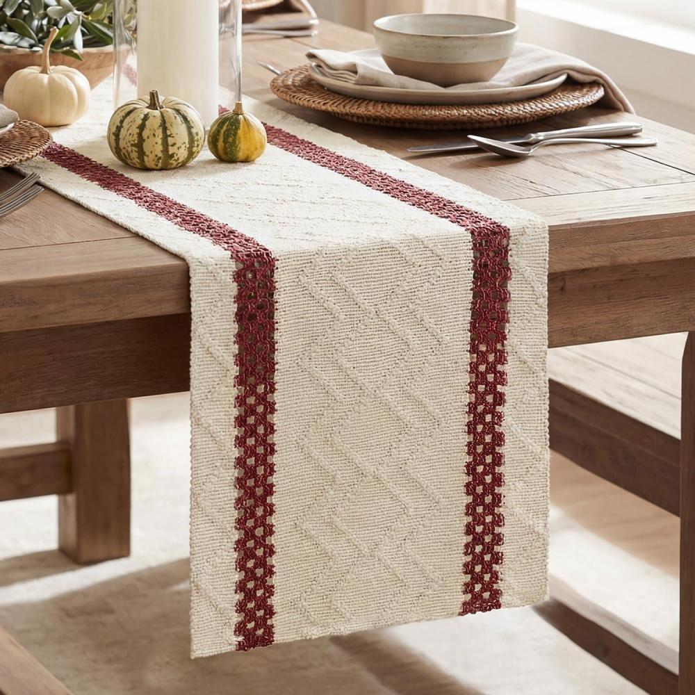image:imageArtoid Mode Red Stripe Woven Table Runner Seasonal Holiday Hollow Kitchen Dining Table Decoration for Home Party Decor 12x72 InchRed
