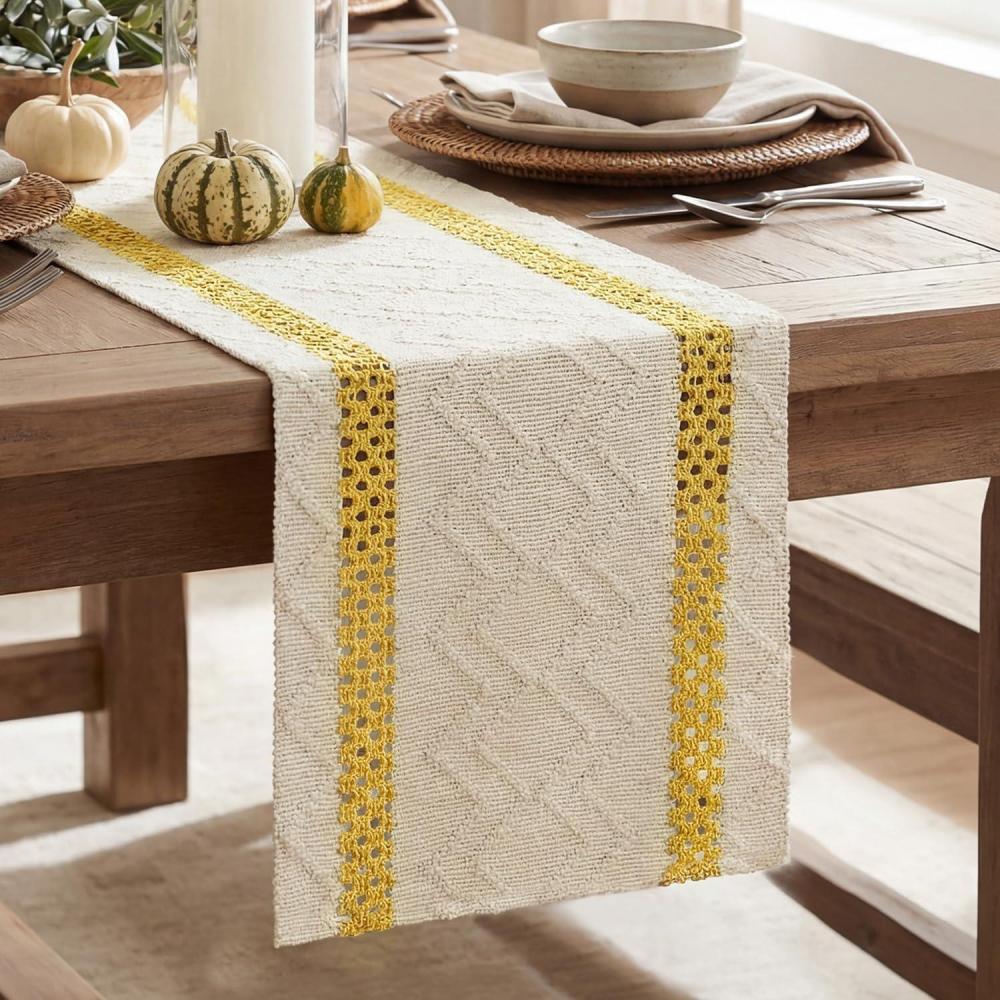 image:imageArtoid Mode Red Stripe Woven Table Runner Seasonal Holiday Hollow Kitchen Dining Table Decoration for Home Party Decor 12x72 InchYellow