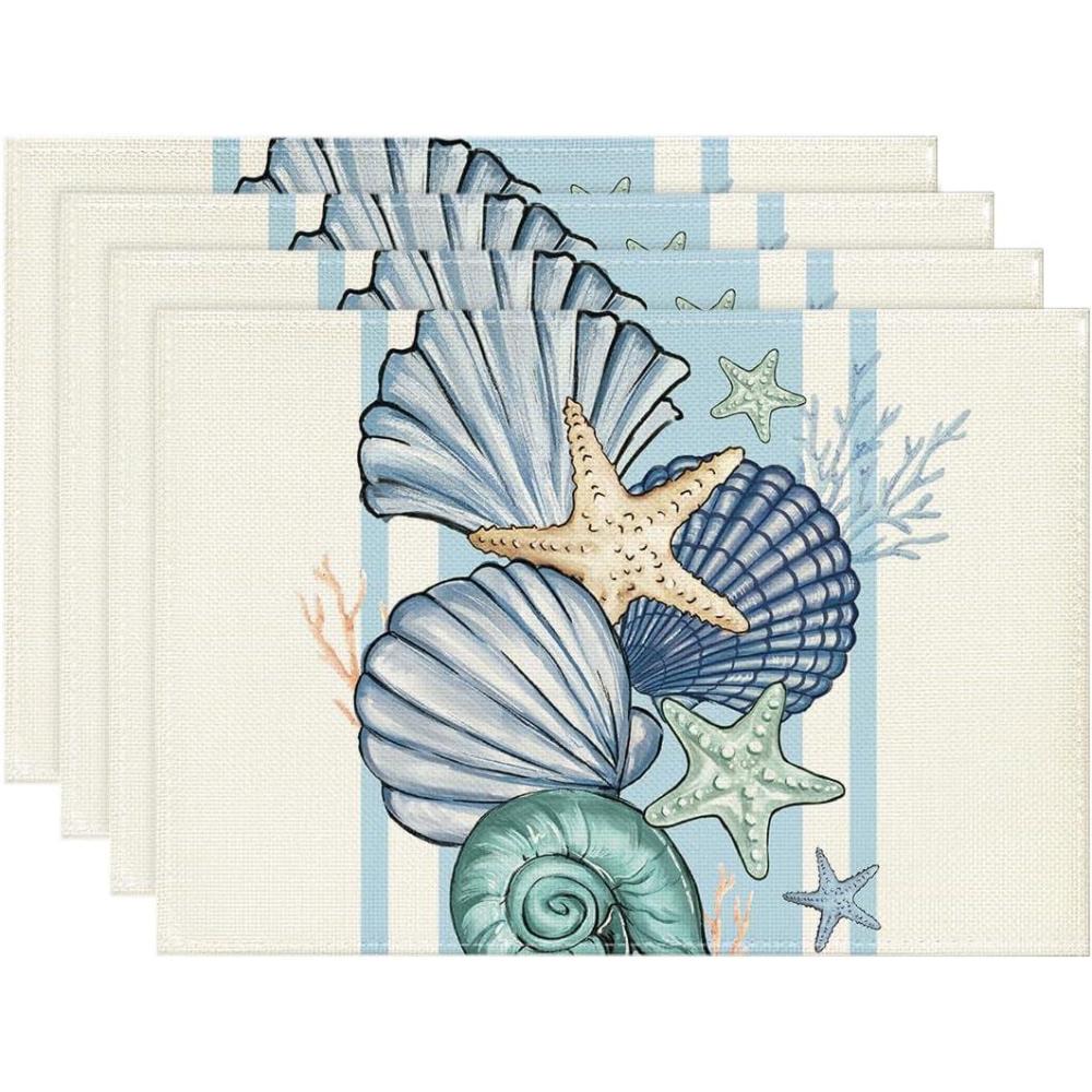 image:imageArtoid Mode Sea Shell Starfish Round Summer Placemats Set of 4 14 Inch Spring Round Table Mats for Dining DecorationBeige