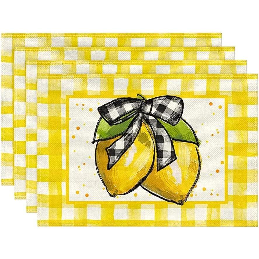 image:imageArtoid Mode Yellow Buffalo Plaid Lemon Placemats for Dining Table 12 x 18 Inch Summer Seasonal Decoration Rustic Washable Table Mats Set of 4
