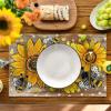 Artoid Mode Black Sunflower Bee Flower Polka Dot Summer Placemats Set of 4, 12×18 Inch Table Mats for Table Runner Party Kitchen Dining Decoration(Wood)