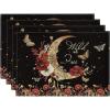 Artoid Mode Black Poppy Moth Moon Placemats Set of 4, 12×18 Inch Floral Spring Table Mats for Outdoor Home Party Kitchen Dining Decor(Magic Moon)