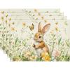 Artoid Mode Bunny Rabbit Butterfly Eggs Flowers Easter Placemats Set of 4, 12×18 Inch Seasonal Spring Holiday Table Mats for Party Kitchen Dining Decoration(Beige)