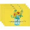 Artoid Mode Yellow Hello Sunshine Sunflower Summer Placemats for Dining Table, 12 x 18 Inch Spring Seasonal Holiday Decoration Rustic Vintage Washable Table Mats Set of 4(Yellow)
