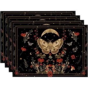 Artoid Mode Black Poppy Moth Moon Placemats Set of 4, 12×18 Inch Floral Spring Table Mats for Outdoor Home Party Kitchen Dining Decor(Black)
