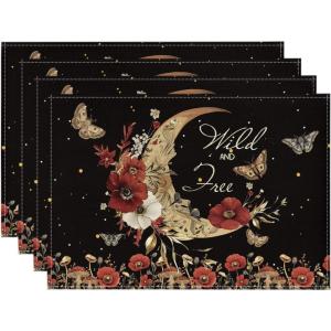 Artoid Mode Black Poppy Moth Moon Placemats Set of 4, 12×18 Inch Floral Spring Table Mats for Outdoor Home Party Kitchen Dining Decor(Magic Moon)