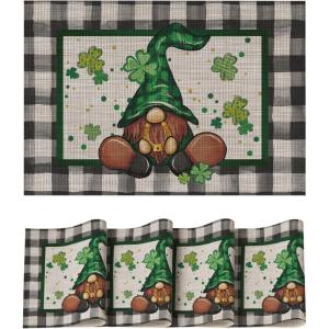 Artoid Mode Buffalo Plaid Gnome Vinyl St. Patrick’s Day Placemats Set of 4, 12×18 Inch Wipeable Non-Slip PVC Place Mats for Party Kitchen Dining Decor