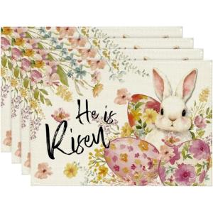 Artoid Mode Bunny Rabbit Eggs Flowers Easter Placemats Set of 4, 12×18 Inch Seasonal Spring Holiday Table Mats for Party Kitchen Dining Decoration