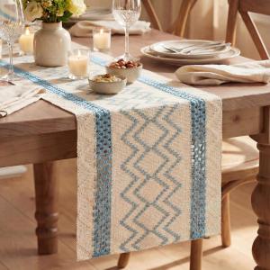 Artoid Mode Burlap Brown Stripe Diamond Pattern Woven Table Runner, Seasonal Holiday Hollow Kitchen Dining Table Decoration for Home Party Decor 12×72 Inch(Sky Blue)