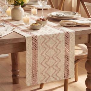 Artoid Mode Burlap Brown Stripe Diamond Pattern Woven Table Runner, Seasonal Holiday Hollow Kitchen Dining Table Decoration for Home Party Decor 12×72 Inch(Pink)