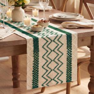Artoid Mode Burlap Brown Stripe Diamond Pattern Woven Table Runner, Seasonal Holiday Hollow Kitchen Dining Table Decoration for Home Party Decor 12×72 Inch(Forest Green)