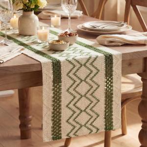 Artoid Mode Burlap Brown Stripe Diamond Pattern Woven Table Runner, Seasonal Holiday Hollow Kitchen Dining Table Decoration for Home Party Decor 12×72 Inch(Army Green)