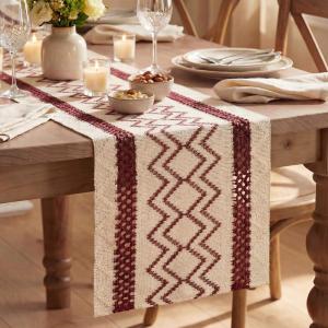 Artoid Mode Burlap Brown Stripe Diamond Pattern Woven Table Runner, Seasonal Holiday Hollow Kitchen Dining Table Decoration for Home Party Decor 12×72 Inch(Red)
