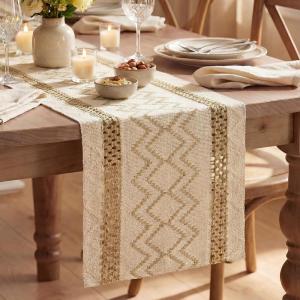 Artoid Mode Burlap Brown Stripe Diamond Pattern Woven Table Runner, Seasonal Holiday Hollow Kitchen Dining Table Decoration for Home Party Decor 12×72 Inch(Burlap Brown)