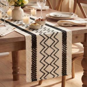 Artoid Mode Burlap Brown Stripe Diamond Pattern Woven Table Runner, Seasonal Holiday Hollow Kitchen Dining Table Decoration for Home Party Decor 12×72 Inch(Black)