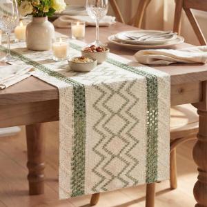 Artoid Mode Burlap Brown Stripe Diamond Pattern Woven Table Runner, Seasonal Holiday Hollow Kitchen Dining Table Decoration for Home Party Decor 12×72 Inch(Sage Green)