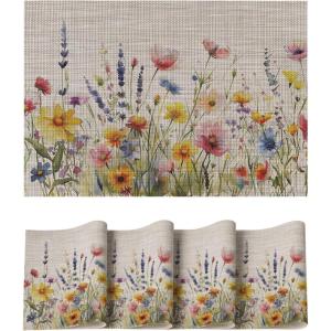 Artoid Mode Daisy Lavendar Wild Flower Spring Placemats Set of 4, 12×18 Inch Seasonal Holiday Table Mats for Party Kitchen Dining Decoration(Beige)