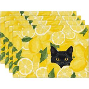 Artoid Mode Lemon Cat Summer Placemats Set of 4, 12×18 Inch Seasonal Spring Holiday Table Mats for Party Kitchen Dining Decoration(Yellow)