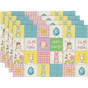 Artoid Mode Rabbit Bunny Eggs Bow Flower Happy Easter Placemats Set of 4, 12×18 Inch Seasonal Spring Holiday Table Mats for Party Kitchen Dining Decoration
