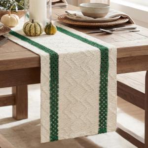 Artoid Mode Red Stripe Woven Table Runner, Seasonal Holiday Hollow Kitchen Dining Table Decoration for Home Party Decor 12×72 Inch(Forest Green)