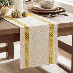 Artoid Mode Red Stripe Woven Table Runner, Seasonal Holiday Hollow Kitchen Dining Table Decoration for Home Party Decor 12×72 Inch(Yellow)