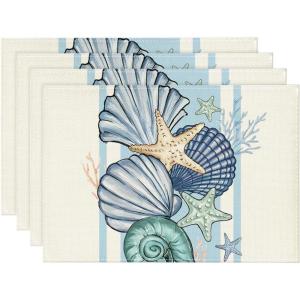 Artoid Mode Sea Shell Starfish Round Summer Placemats Set of 4, 14 Inch Spring Round Table Mats for Dining Decoration(Beige)