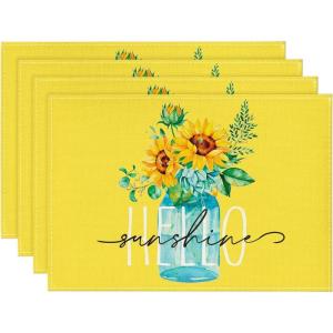Artoid Mode Yellow Hello Sunshine Sunflower Summer Placemats for Dining Table, 12 x 18 Inch Spring Seasonal Holiday Decoration Rustic Vintage Washable Table Mats Set of 4(Yellow)