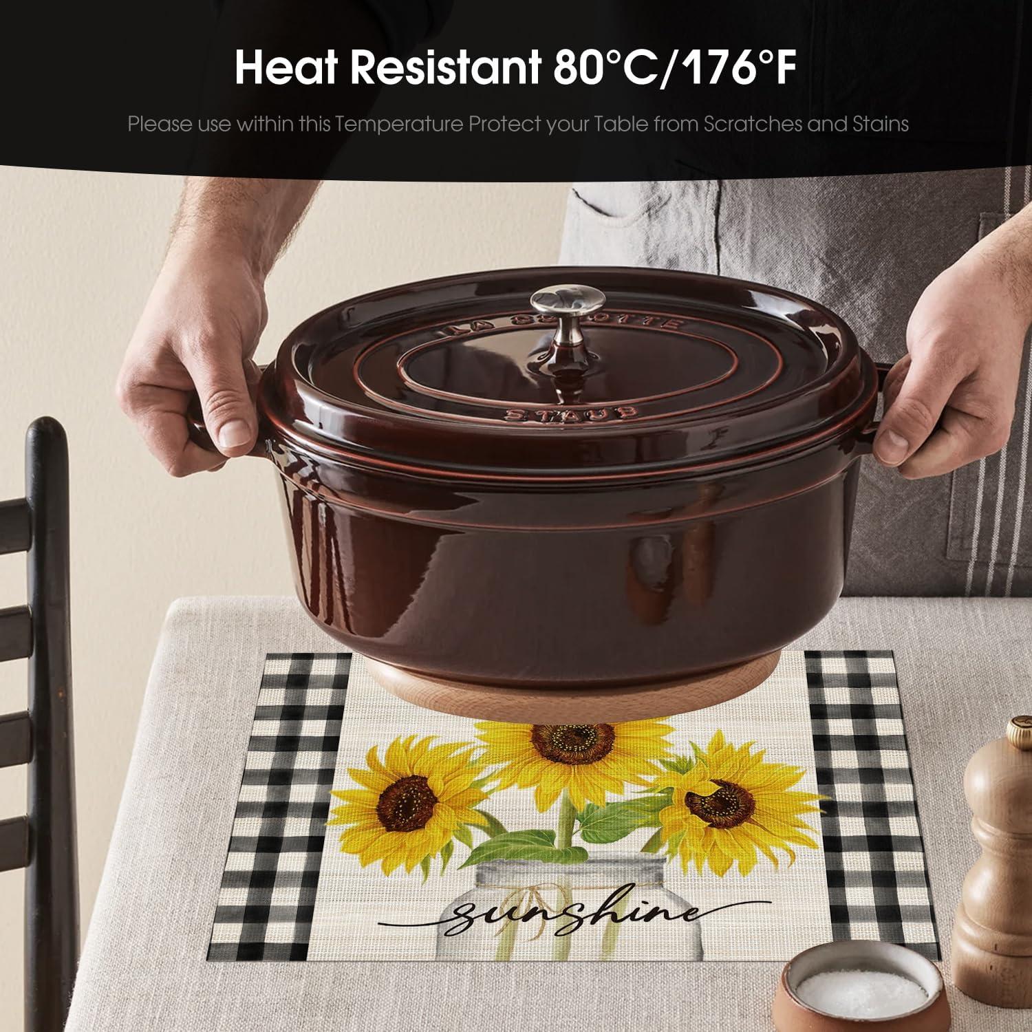 image:imageArtoid Mode Buffalo Plaid Sunflower Vase Spring Placemats Set of 4 12x18 Inch Seasonal Holiday Table Mats for Party Kitchen Dining Decoration