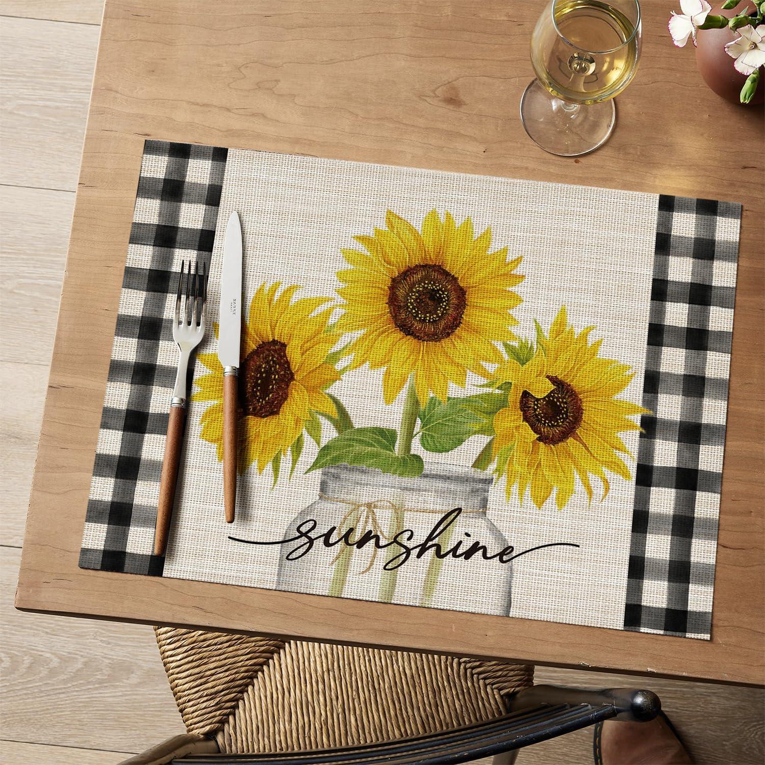 image:imageArtoid Mode Buffalo Plaid Sunflower Vase Spring Placemats Set of 4 12x18 Inch Seasonal Holiday Table Mats for Party Kitchen Dining Decoration