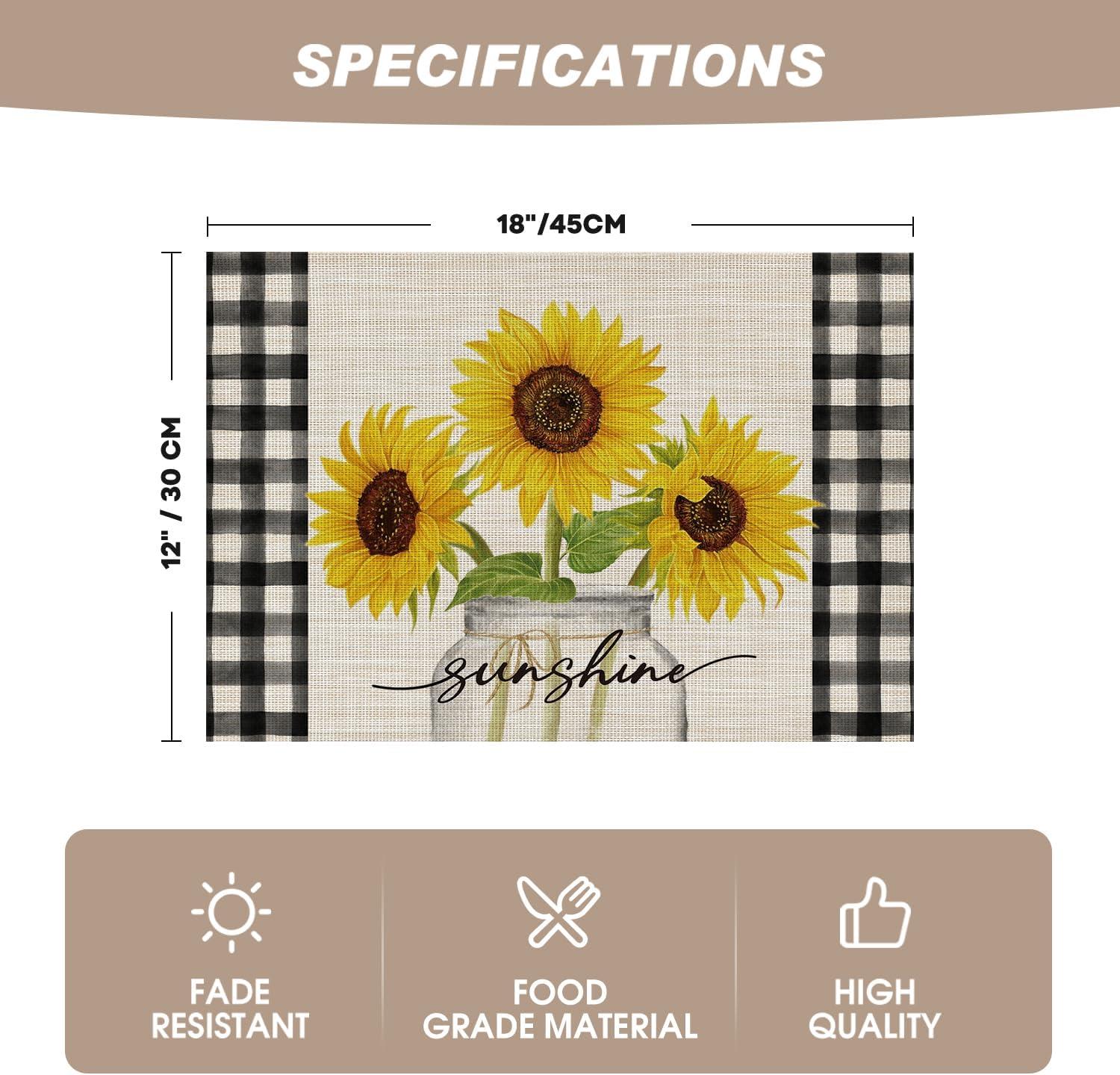 image:imageArtoid Mode Buffalo Plaid Sunflower Vase Spring Placemats Set of 4 12x18 Inch Seasonal Holiday Table Mats for Party Kitchen Dining Decoration