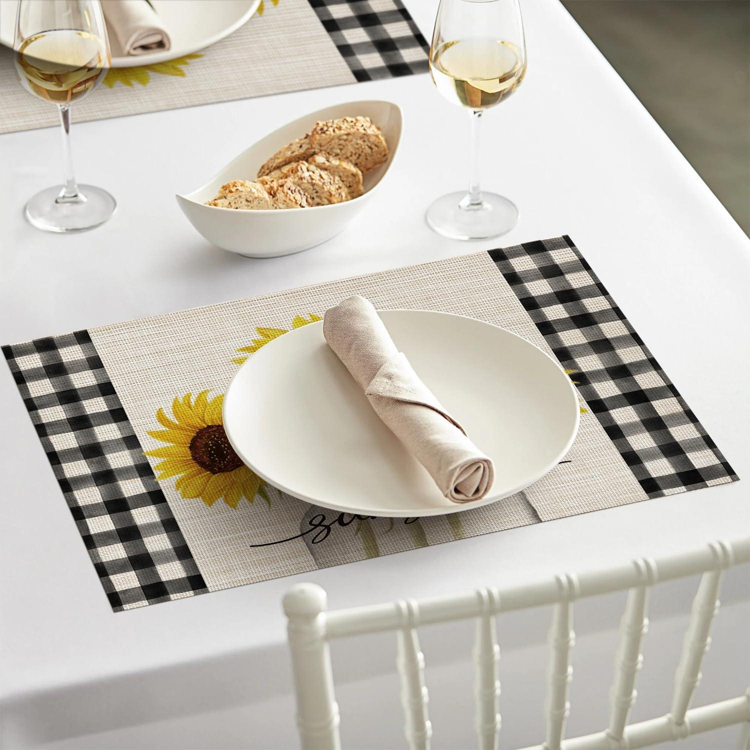 image:imageArtoid Mode Buffalo Plaid Sunflower Vase Spring Placemats Set of 4 12x18 Inch Seasonal Holiday Table Mats for Party Kitchen Dining Decoration
