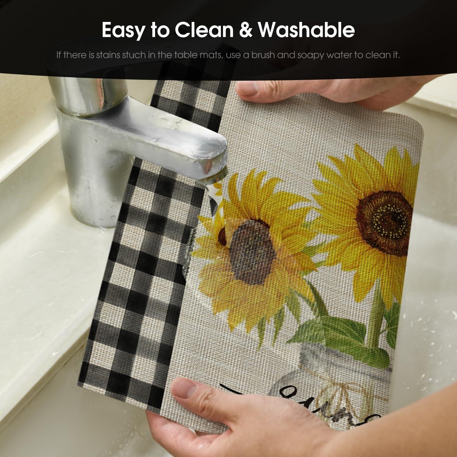 image:imageArtoid Mode Buffalo Plaid Sunflower Vase Spring Placemats Set of 4 12x18 Inch Seasonal Holiday Table Mats for Party Kitchen Dining Decoration