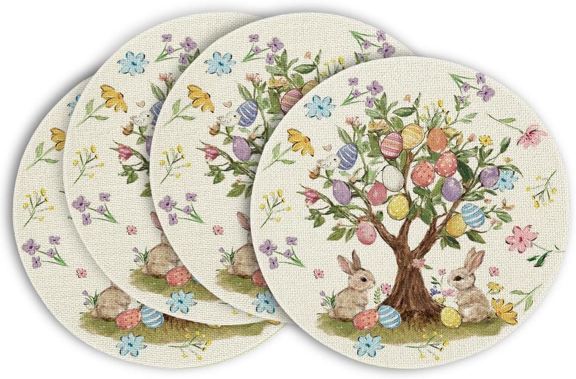 image:imageArtoid Mode Bunny Rabbit Eggs Tree Flowers Easter Placemats Set of 4 12x18 Inch Seasonal Spring Holiday Table Mats for Party Kitchen Dining DecorationBeige