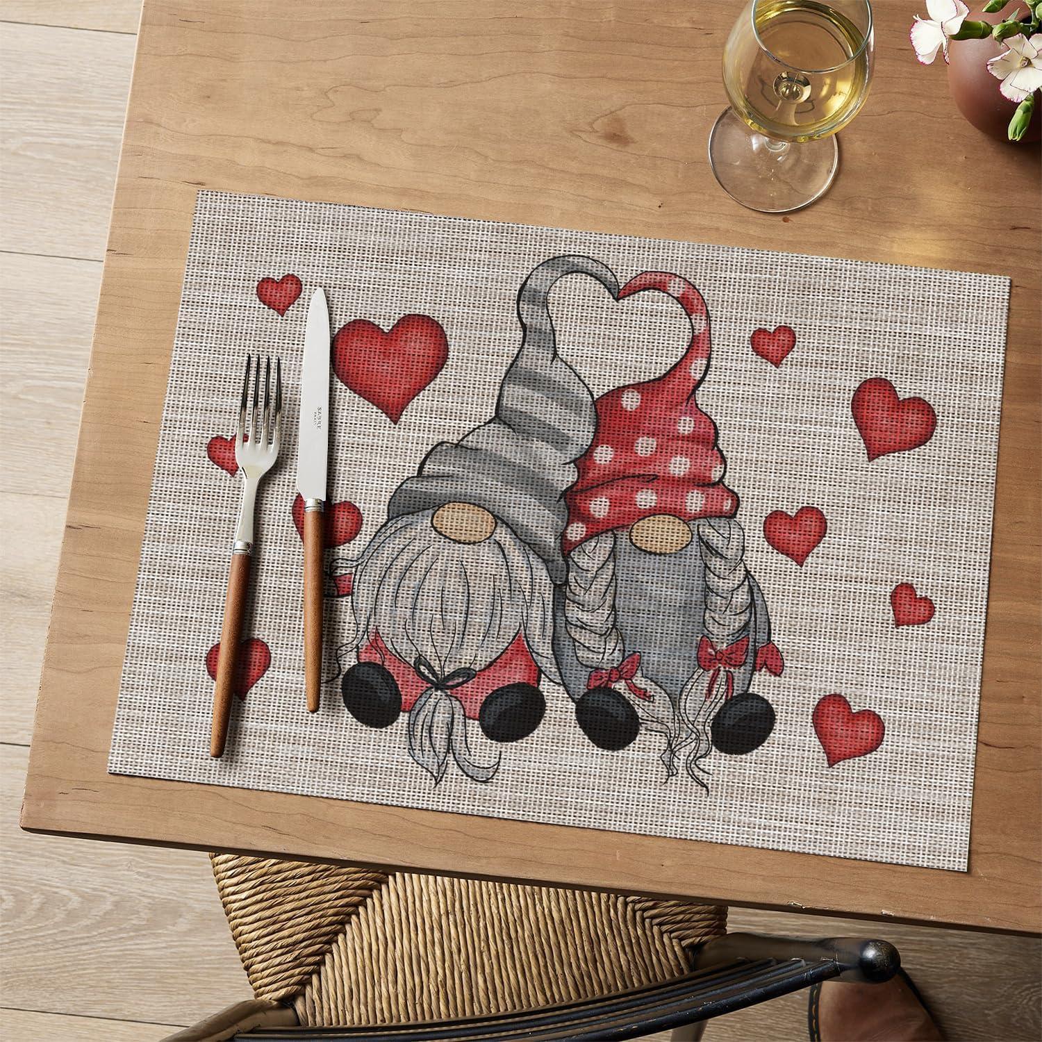 image:imageArtoid Mode Couple Gnomes Hearts Vinyl Valentines Placemats Set of 4 12x18 Inch Washable Heat Resistant Plastic Place Mats for Party Dining Table Decor