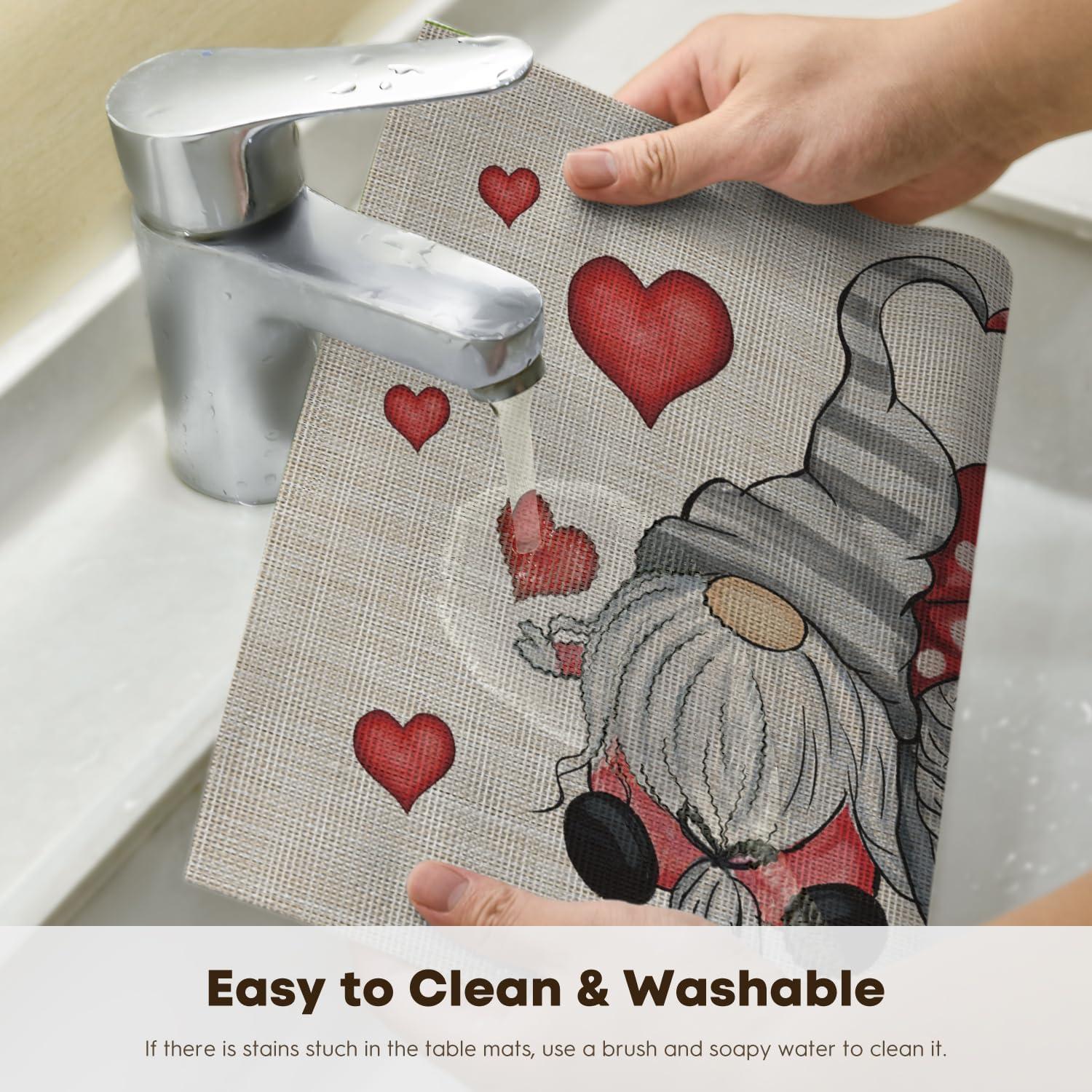 image:imageArtoid Mode Couple Gnomes Hearts Vinyl Valentines Placemats Set of 4 12x18 Inch Washable Heat Resistant Plastic Place Mats for Party Dining Table Decor