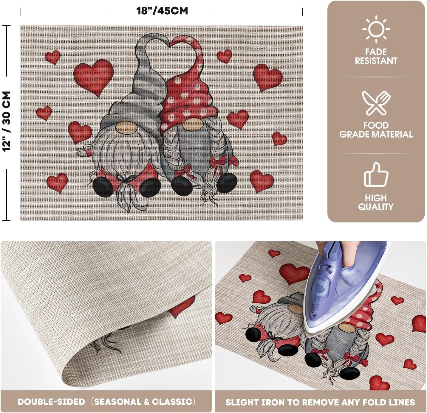 image:imageArtoid Mode Couple Gnomes Hearts Vinyl Valentines Placemats Set of 4 12x18 Inch Washable Heat Resistant Plastic Place Mats for Party Dining Table Decor