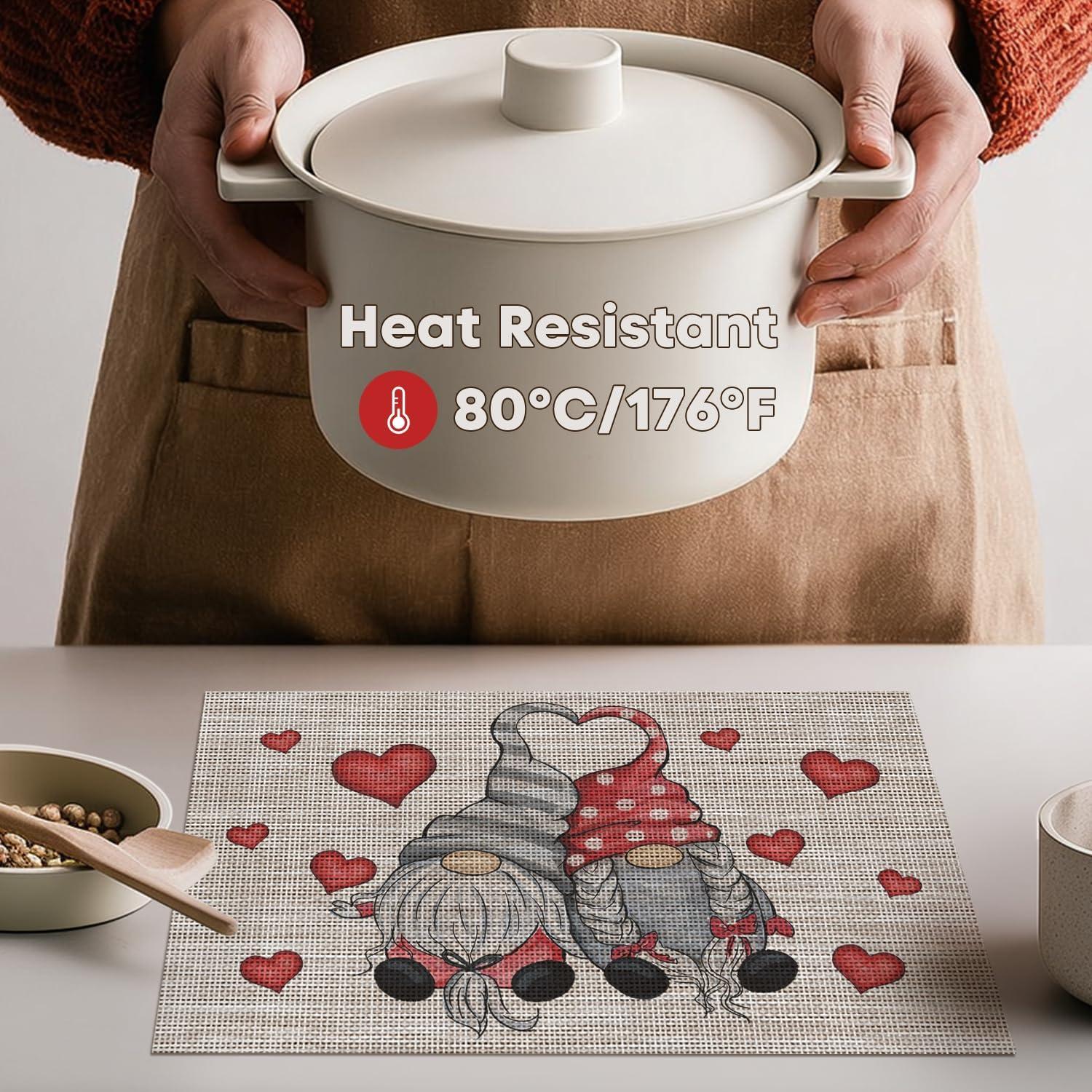 image:imageArtoid Mode Couple Gnomes Hearts Vinyl Valentines Placemats Set of 4 12x18 Inch Washable Heat Resistant Plastic Place Mats for Party Dining Table Decor