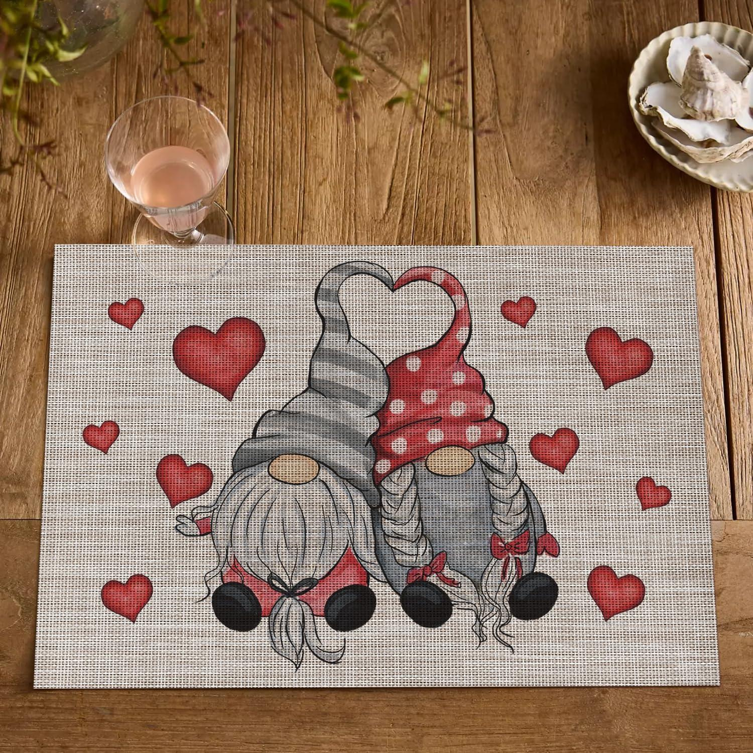 image:imageArtoid Mode Couple Gnomes Hearts Vinyl Valentines Placemats Set of 4 12x18 Inch Washable Heat Resistant Plastic Place Mats for Party Dining Table Decor