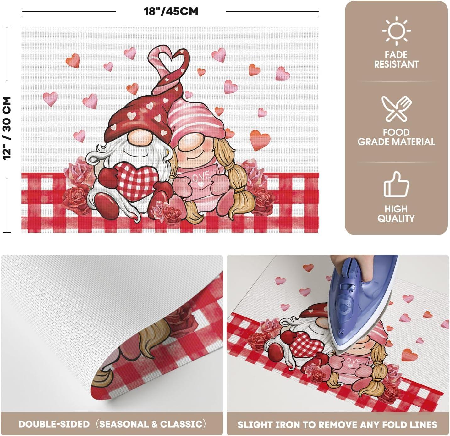 image:imageArtoid Mode Couple Gnomes Vinyl Valentines Placemats Set of 4 12x18 Inch Washable NonSlip Heat Resistant Plastic Place Mats for Party Dining Table Decor