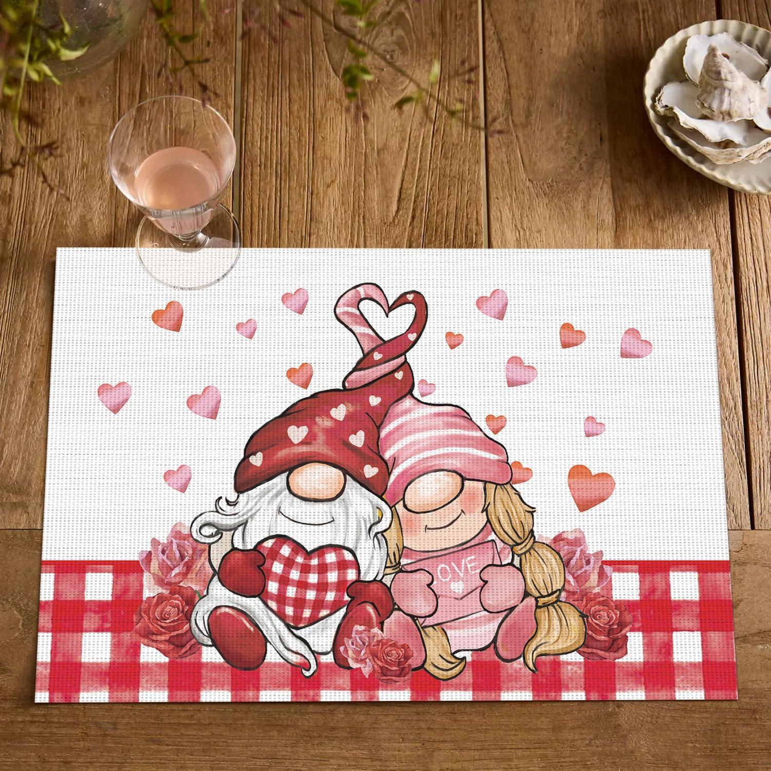 image:imageArtoid Mode Couple Gnomes Vinyl Valentines Placemats Set of 4 12x18 Inch Washable NonSlip Heat Resistant Plastic Place Mats for Party Dining Table Decor