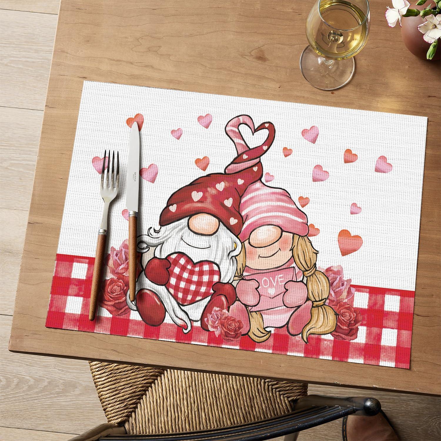 image:imageArtoid Mode Couple Gnomes Vinyl Valentines Placemats Set of 4 12x18 Inch Washable NonSlip Heat Resistant Plastic Place Mats for Party Dining Table Decor