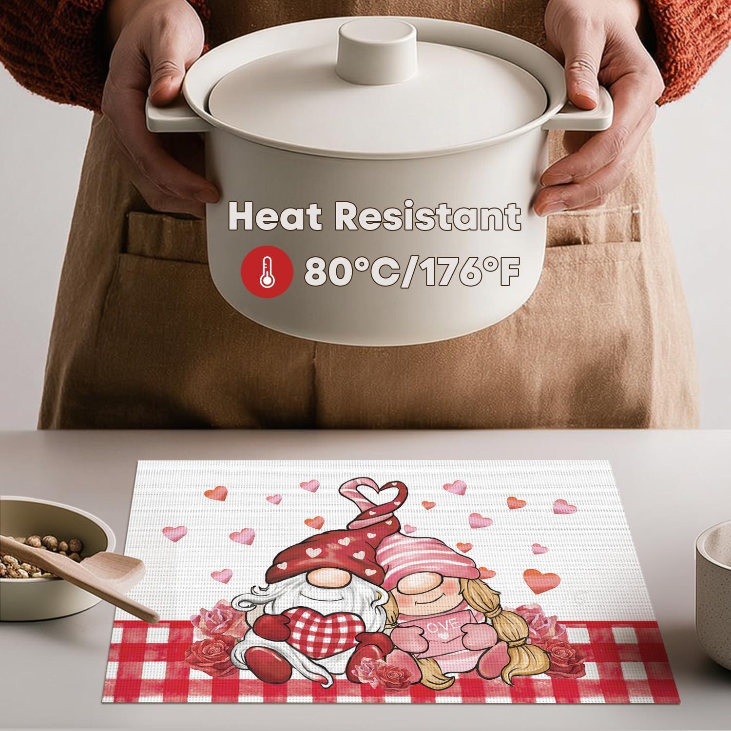 image:imageArtoid Mode Couple Gnomes Vinyl Valentines Placemats Set of 4 12x18 Inch Washable NonSlip Heat Resistant Plastic Place Mats for Party Dining Table Decor