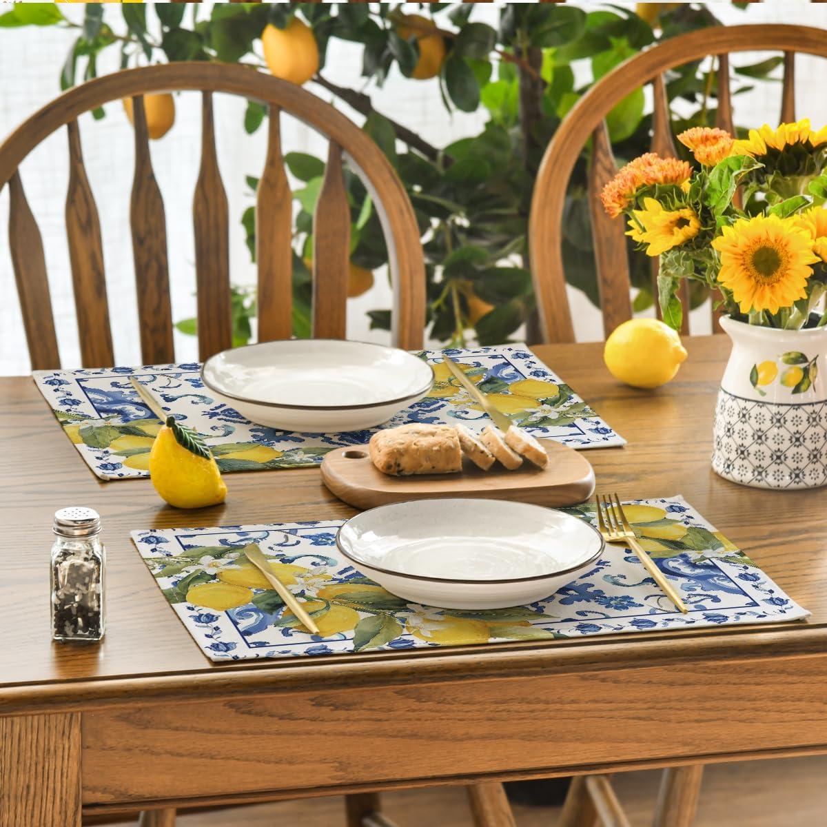 image:imageArtoid Mode Lemon Blue and White Porcelain Summer Placemats Set of 4 12x18 Inch Vanilla Holiday Table Mats for Party Kitchen Dining Decoration