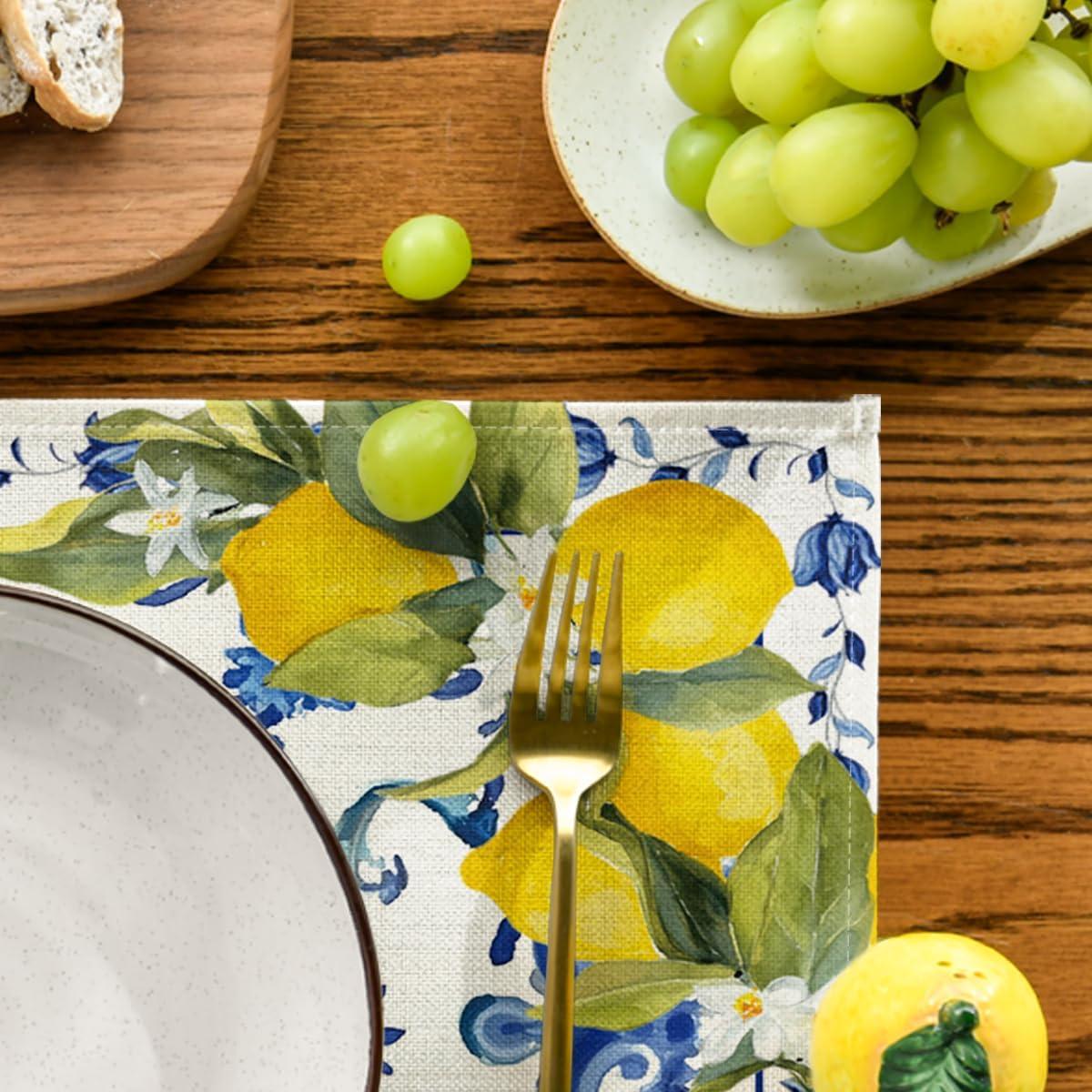 image:imageArtoid Mode Lemon Blue and White Porcelain Summer Placemats Set of 4 12x18 Inch Vanilla Holiday Table Mats for Party Kitchen Dining Decoration