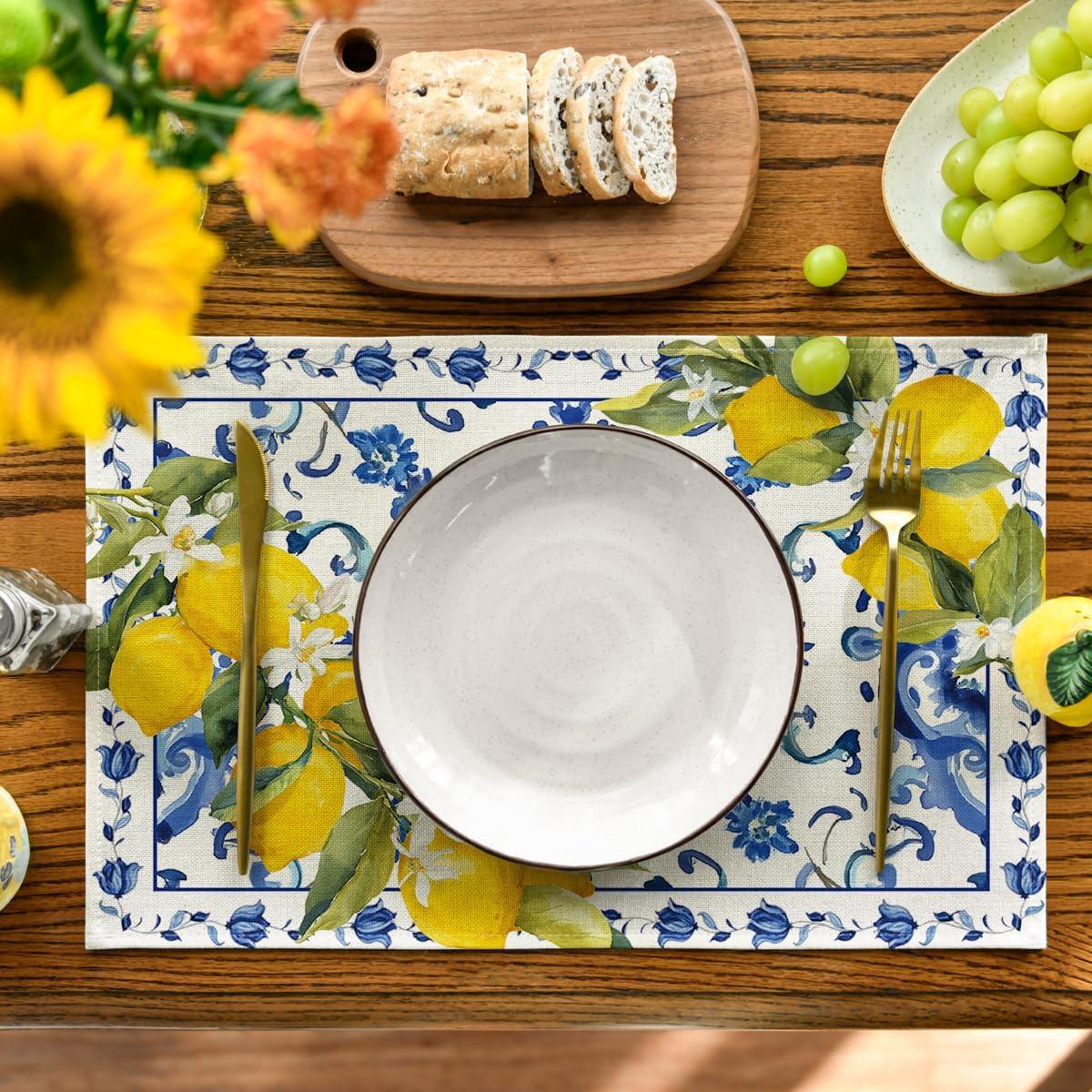 image:imageArtoid Mode Lemon Blue and White Porcelain Summer Placemats Set of 4 12x18 Inch Vanilla Holiday Table Mats for Party Kitchen Dining Decoration