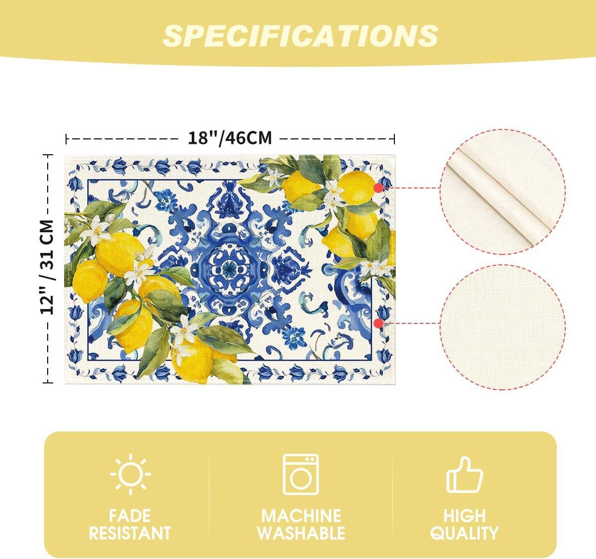 image:imageArtoid Mode Lemon Blue and White Porcelain Summer Placemats Set of 4 12x18 Inch Vanilla Holiday Table Mats for Party Kitchen Dining Decoration